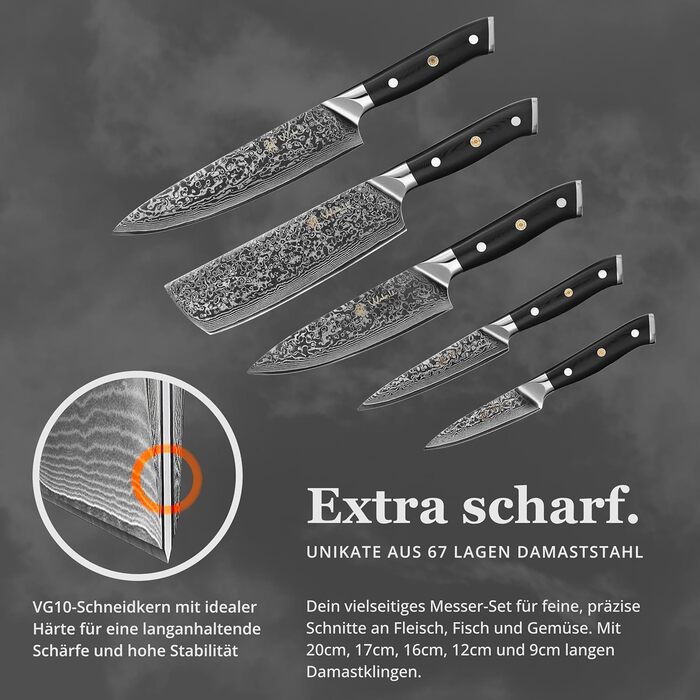 Кулінарний набір ножів з дамаської сталі Sycamore, 6 предметів 67 шарів, ядро з VG10, твердість 60 2 HRC, ручки з клена, хлібний ніж із серрейторною заточкою, магнітний тримач для ножів, професійні кухонні ножі для точного нарізання (Елітна кухня)