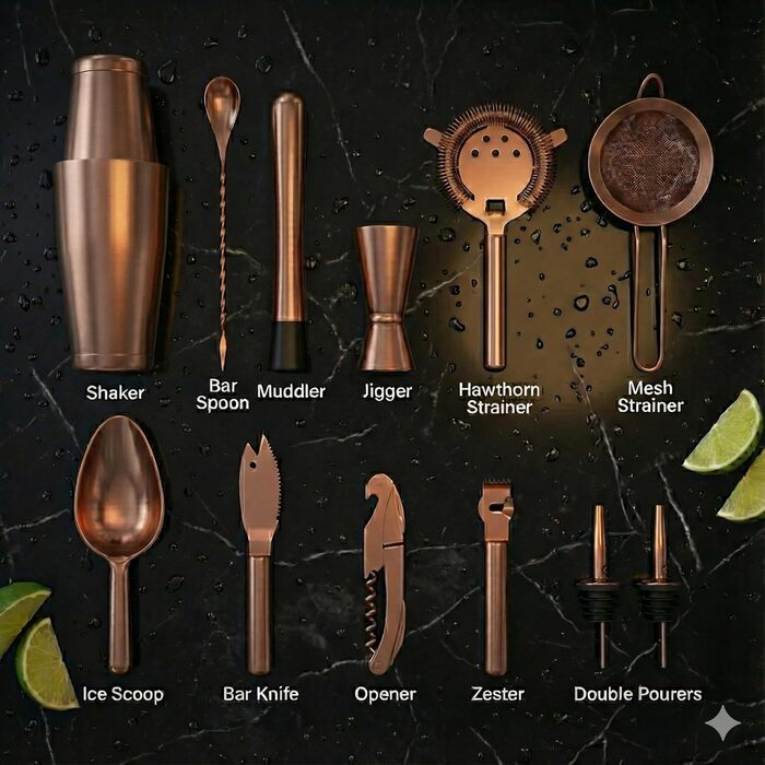 Набір бармена з чорною бамбуковою підставкою 11 предметів Highball & Chaser