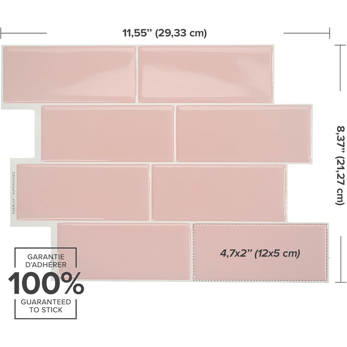 Наклейки для плитки, що самоклеяться - упаковка з 5 аркушів 29,36 см x 21,29 см - 3D самоклеючі ПВХ наклейки для плитки та фартуха для кухні, ванної кімнати та стін, кольорова та водонепроникна плитка (Ava Rosa)