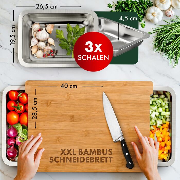 Бамбукова обробна дошка 40 x 28,5 см з 3 лотками для збору з нержавіючої сталі Blumtal