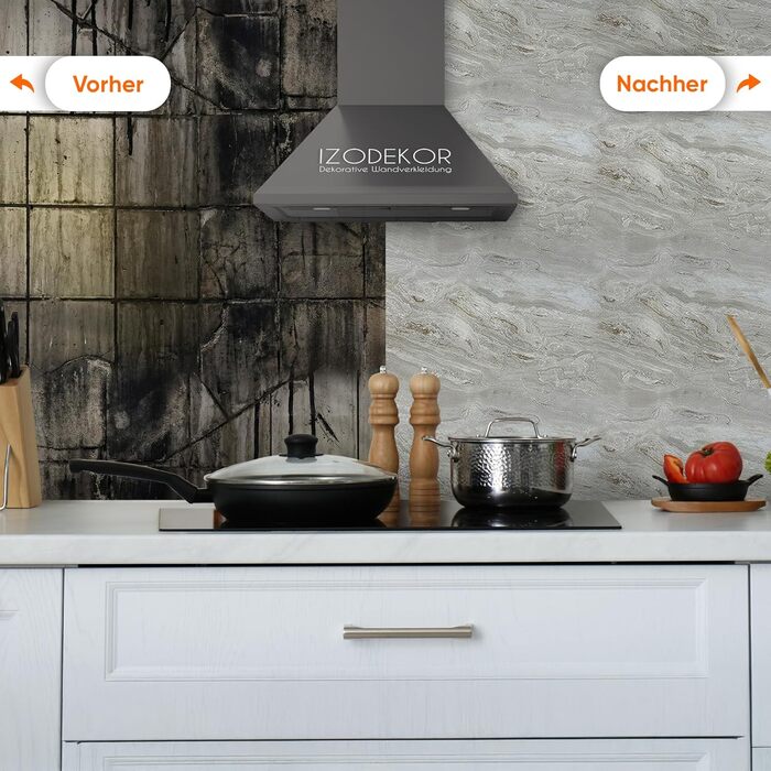 Стінові панелі IZODEKOR під мармур 60x120 см Панель для кухонного фартуха ПВХ-облицювання стін для кухні, ванної кімнати Бризкозахисний екран для кухні Водонепроникний та термостійкий (4 панелі 4 монтажних клею, Mars Bubble)