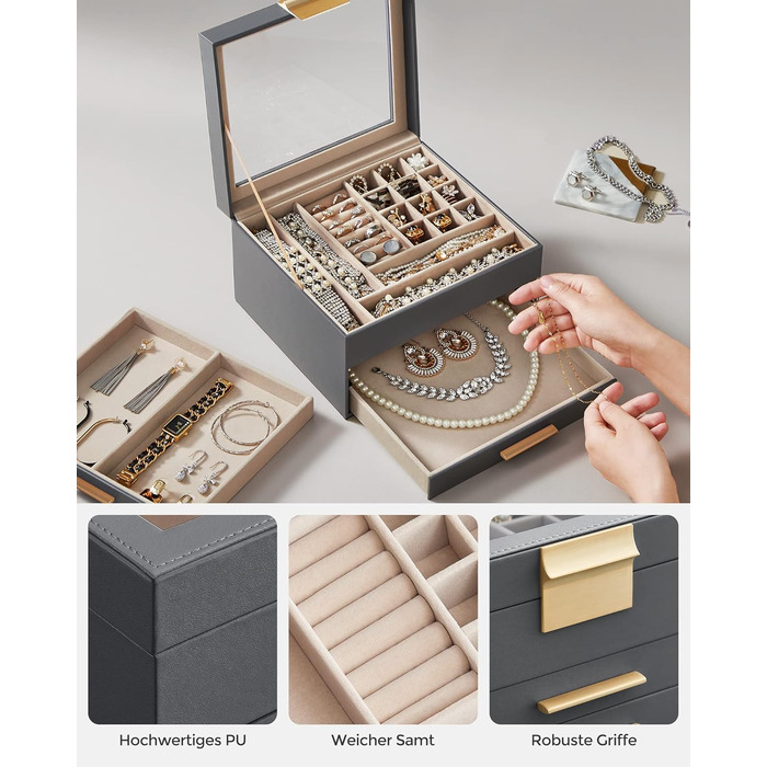 Шкатулка органайзер для ювелирных изделий 3-уровневая темно-серый SONGMICS