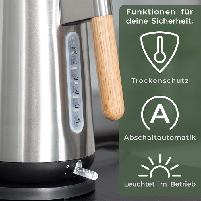 Электрочайник 3000 Вт из нержавеющей стали с деревянной ручкой WALDWERK