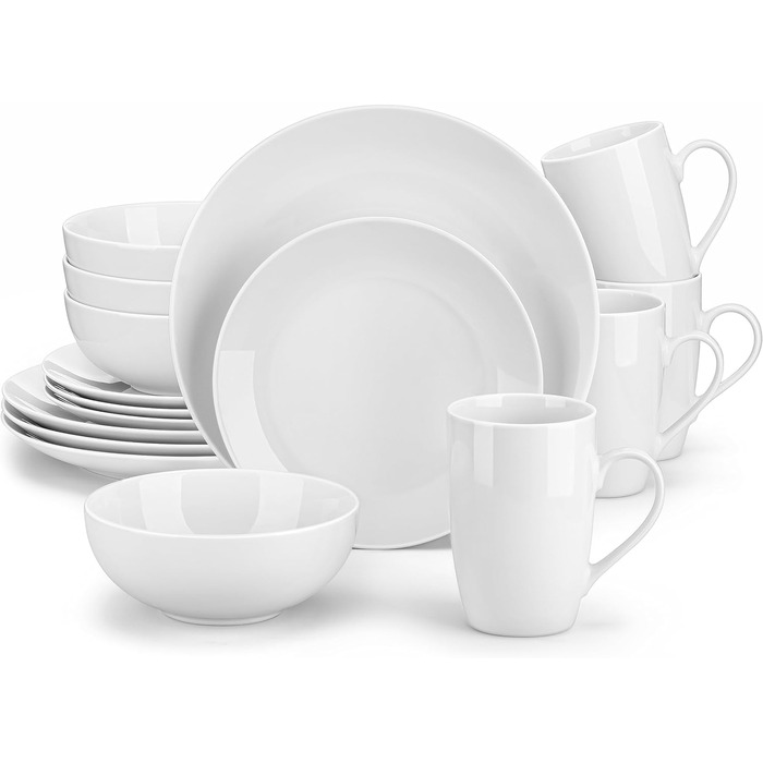 Серія Amelia, порцеляновий набір посуду на 6 персон, порцеляновий столовий сервіз, білий комбінований сервіз преміум-класу, з 6 обідніми тарілками, 6 тарілками для тортів, 6 глибокими тарілками та 6 мисками кожна. Набір посуду на 6 (48, білий)