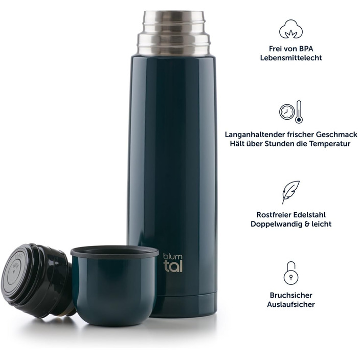 Термос Blumtal Eifel з нержавіючої сталі 500 мл - герметичний термос з чашкою для пиття в дорозі, ізолює гарячі напої, темно-зелений (700 мл, ягідний)