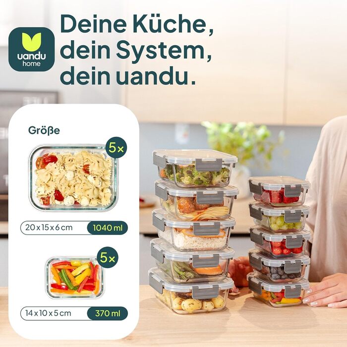 Набор из 10 стеклянных контейнеров для хранения продуктов с крышками Uandu
