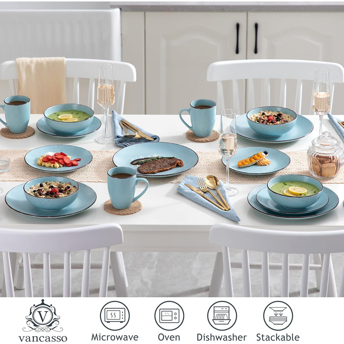 Столовый сервиз из керамогранита, набор посуды vancasso MODA, винтажный внешний вид, комбинированный сервиз из 40 предметов с 8 обеденными тарелками, тарелками для тортов, суповыми тарелками, мисками и чашками каждая (синий, набор посуды 48 предметов)
