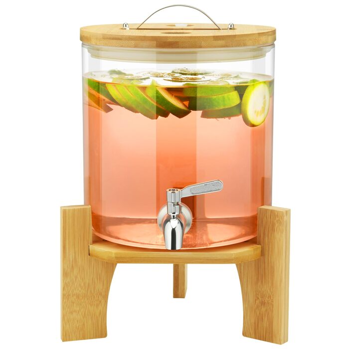 Стеклянный диспенсер для напитков 5 л с бамбуковой крышкой и подставкой Hisredsun