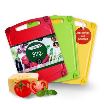 Набір обробних дощок Coolinato, 3 шт., різні розміри, антибактеріальні дошки з жолобком для збору рідини, 3 кольори для гігієнічного розділення продуктів (Набір кольорових - 29,2x20,3 см)