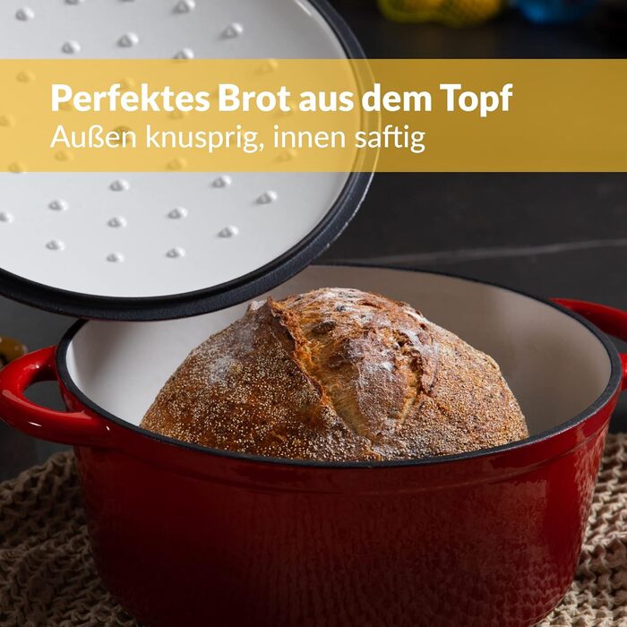 Чавунна каструля Chefarone 24 см, Емальована каструля з кришкою для випікання хліба, тушкування та запікання Хлібна каструля, сумісна з індукцією (червона, 4,7 л)