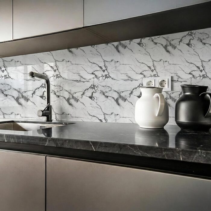 Стінові панелі IZODEKOR під мармур 60x120 см Панель для кухонного фартуха ПВХ-облицювання стін для кухні, ванної кімнати Бризкозахисний екран для кухні Водонепроникний та термостійкий (4 панелі 4 монтажних клею, Arctic Breeze)