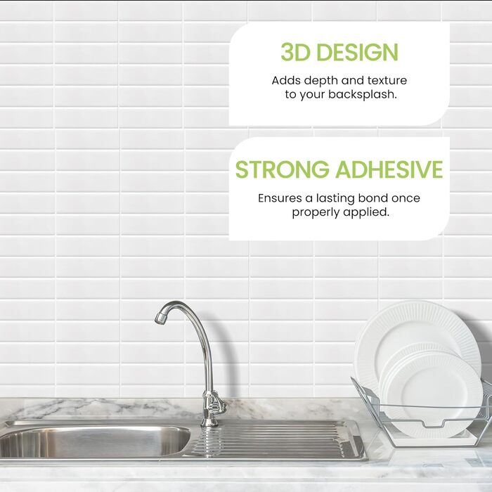 Елементна 3D самоклеюча плитка для кухонного фартуха з товстішою клейкою плиткою 2,5 мм (30,5 x 30,5 см) (біла), 10-
