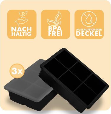 Силіконові формочки для льоду Blumtal, набір з 3 шт. - форма для льоду на 24 кубики з кришкою - силіконова форма для льоду без бісфенолу А - форма для льоду, безпечна для харчових продуктів - сіро-блакитна великі кубики (чорні, XXL кубики)