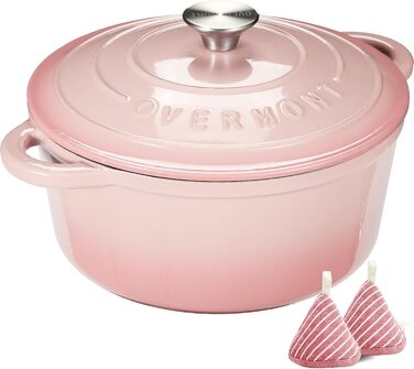 Чавунна форма для запікання Overmont Enamel - 26 см, придатна для використання в духовці, з кришкою та кулінарною книгою - для випікання, тушкування, запікання, білого кремового кольору (24 см-4,3 л, рожевого кольору)