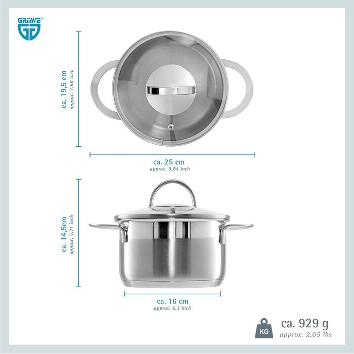 Каструлі GRWE зі скляною кришкою, комплект з 2 шт., Ø 16 см (1,5 літра), Ø 24 см (5 літрів), можна мити в посудомийній машині, каструлі для індукції, нержавіюча сталь, набір каструль серії Pro-Line Ø 16 см Ø 24 см (16 см)