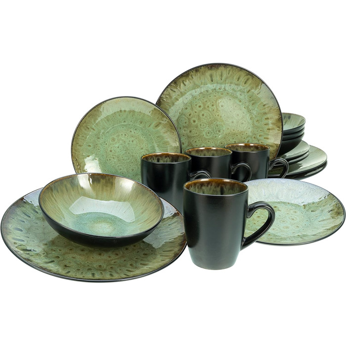 Серія CAPRI - реактивна глазур, набір посуду з 16 предметів, комбінований сервіс з кераміки, можна мити в посудомийній машині та мікрохвильовій печі, якісне виробництво (зелений), 23630