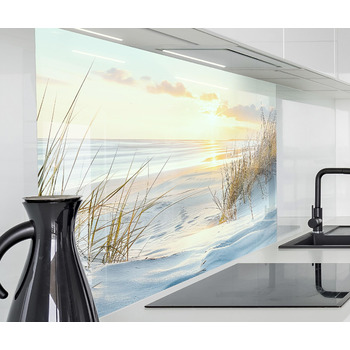 Кухонний фартух timalo зі скляним виглядом 60 x 60 см Північне море, очерет, захід сонця, море, солома акрилове скло 2 мм Бризкозахисна стінка для плити, скляний кухонний фартух, акрилові скляні стінові панелі, захисна панель для фартуха 60 x 60 см 309- B