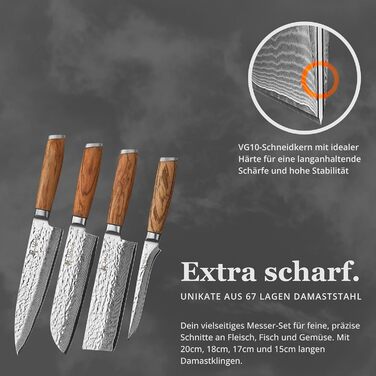 Набір кухонних ножів Wakoli Sycamore Damascus, 6 предметів ядро з VG10 (67 шарів), твердість 602 HRC, ручки з клена, хлібний ніж із серрейторною заточкою, магнітний тримач для ножів, професійні ножі для точного нарізання (каштановий колір)