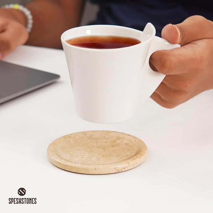 Підставки під напої з мармуру, зелені, 8.9 см, круглі кам'яні підставки для кави, чаю та інших напоїв з тримачем. Ідеальні для кав'ярень, подарунків, обіднього столу та декору дому, набір з 6 шт. (Travertine-SS-RC)