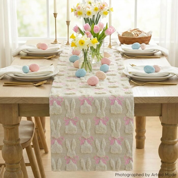 Мягкая дорожка с вышивкой бежевого кролика с бантом 183 х 33 см Artoid Mode