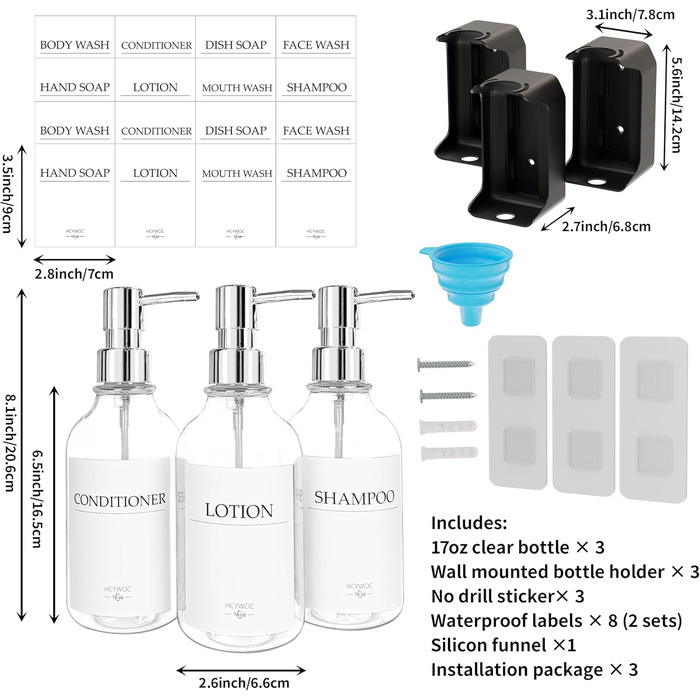 Набір з 3 дозаторів рідкого мила 500 мл з настінним тримачем, прозорий колір HCYWOC