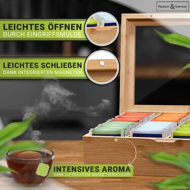 Екологічна чайна коробка з 8 дерев&39яними відділеннями - Герметичне зберігання чайних пакетиків виготовлене з сертифікованого бамбука - Органайзер для чаю з магнітною застібкою та скляною кришкою - Зберігання чайних пакетиків