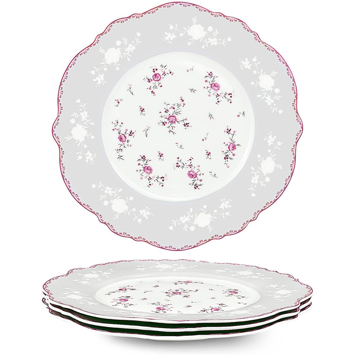 Набір обідніх тарілок fanquare з 4 білих порцелянових тарілок, Ø 275 мм, плоскі тарілки, королівський вінтаж, рожевий квітковий набір посуду для кейтерингу та домашнього використання, обідня тарілка 10,8 дюйма (десертна тарілка 8,2 дюйма)