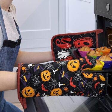 Набір з 2 кухонних рукавичок та тримачів для каструль Arquiel Gnome Autumn Orange Checked, 100 бавовняні кулінарні рукавички, термостійкі кухонні рукавички для приготування їжі, осінній декор, подарунки на кухню для жінок (Хелловін, духовка тримач для кас