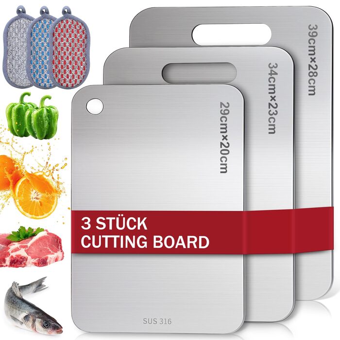 Набор из 3 титановых разделочных досок с губками для очистки Bafeil