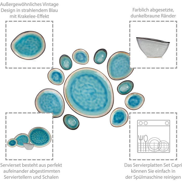 СПІВАЧКА Набір посуду Capri 12 шт. , Набір тарілок 4 персони, Керамограніт Посуд в т.ч. Тарілка обідня, Десертна тарілка і глибока тарілка, Столовий сервіз ручної роботи, Набір посуду бірюзово-блакитний з сірим обідком (Набір тарілок 1)