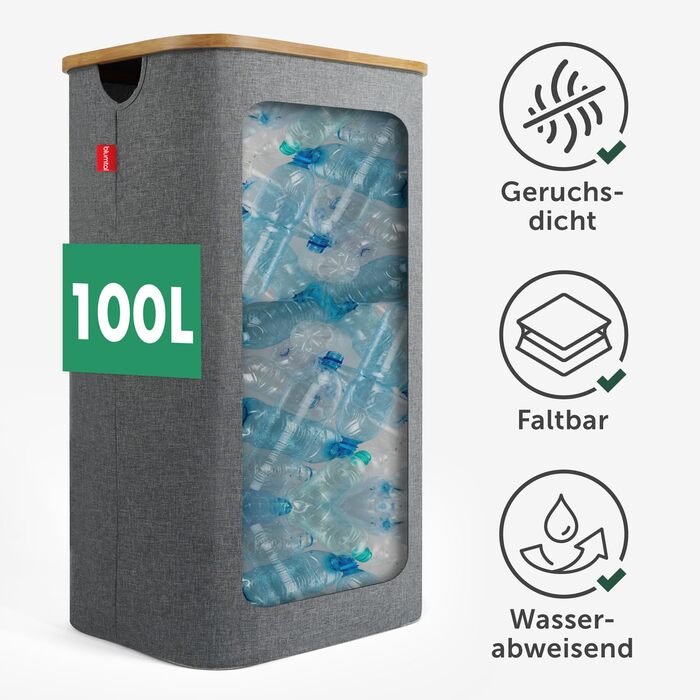 Контейнер для збору пляшок Blumtal Deposit 150 л з 2 відділеннями - Бамбуковий органайзер для пляшок - Збірник порожніх пляшок - Збірник пляшок - Контейнер для збору порожніх пляшок з отвором - Збірник пляшок (сірий, Збірник пляшок - 100 л)