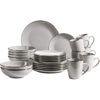Современный набор посуды на 6 персон с ободком цвета латуни, комбинированный набор из 24 предметов с безободковыми формами купе, керамогранит, серый 24 предмета серый