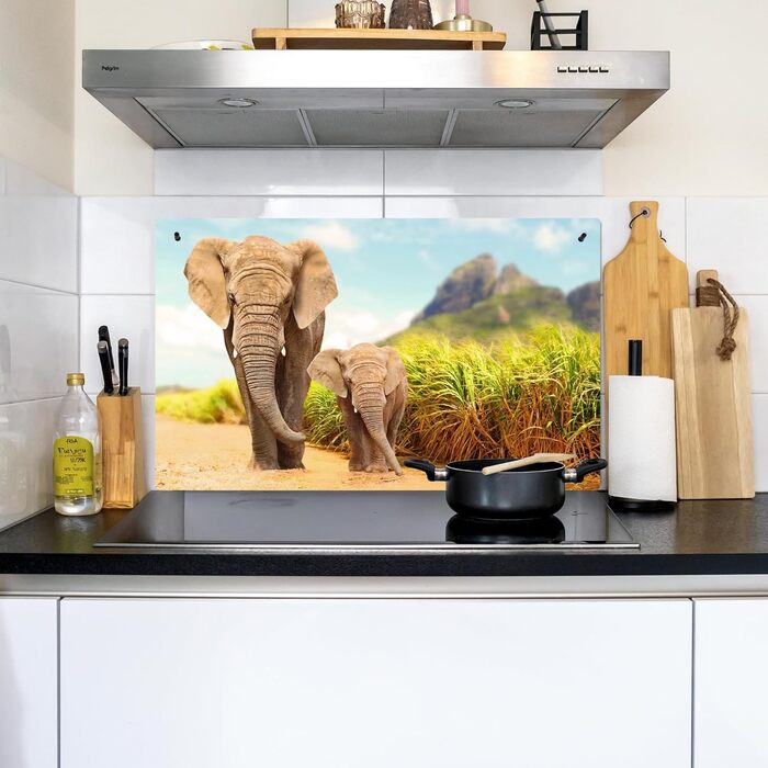 Фартух для плити, кухонний фартух, вініл, 78x52 см, декор для кухні, облицювання стіни, кришка для плити - сіро-чорна (слони - тварини, 52,7Д x 91,6Ш см)