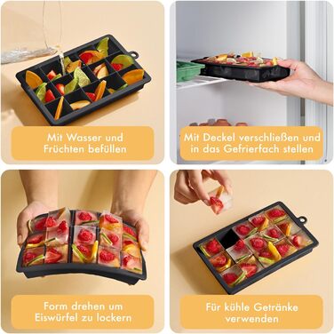 Силіконові формочки для льоду Blumtal, набір з 3 шт. - форма для льоду на 24 кубики з кришкою - силіконова форма для льоду без бісфенолу А - форма для льоду, безпечна для харчових продуктів - сіро-блакитна великі кубики (чорні, XXL кубики)