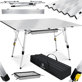 Кемпінговий стіл KESSER складаний розкладний стіл з алюмінієвою рамою Розкладний стіл на стільниці Регулювання висоти з сумкою для перенесення з ременем для перенесення 90 х 53см - до 30 кг, (120см х 70см, сріблястий)