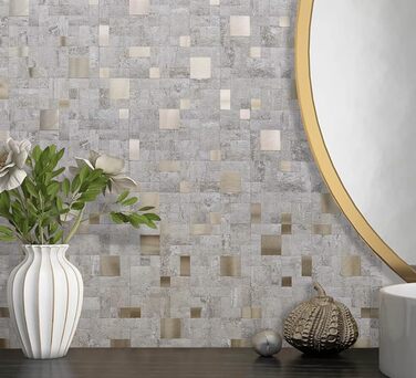 Мідний плитковий фартух DICOFUN, що знімається та клеїться, нержавіюча сталь, для кухні, металевий, фартух для плити, 0 листів (10, бежевий камінь та метал, золото)