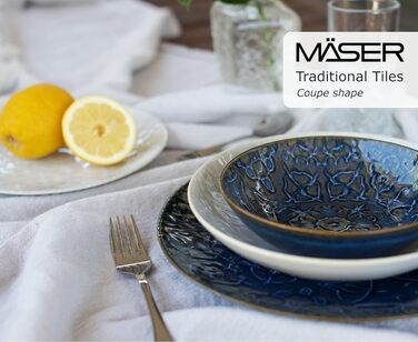 Сучасний вінтажний набір посуду на 2 персони в мавританському дизайні, столовий сервіз з 8 предметів з тарілками та мисками з високоякісної кераміки, керамограніту (форма купе, синій), 935079 Series Tiles