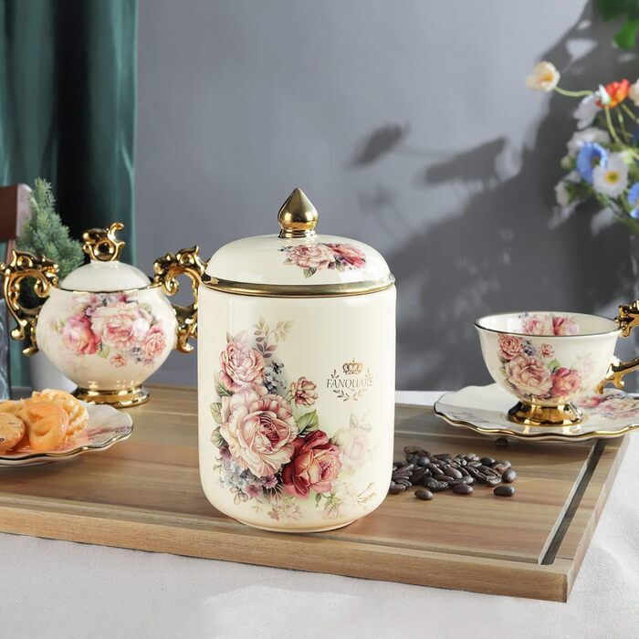 Порцелянова банка для печива Fanquare, Ø 19 см, банка для зберігання з вінтажним квітковим візерунком та кришкою, банка для печива та солодощів, золота