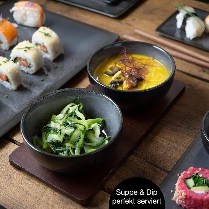 Набор посуды для суши на 4 персоны - сервировочный набор с 3 тарелками - 4 тарелки, мисо-миска, миска и палочки для еды серый, 29 шт.