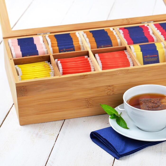 Бамбукова чайна коробка GRWE з 10 відділеннями, кришкою на петлях, оглядовим віконцем, коробка для чайних пакетиків для зберігання чаю з захистом від аромату - 36 x 20 x 9 см Бамбук, велика - 10 відділень