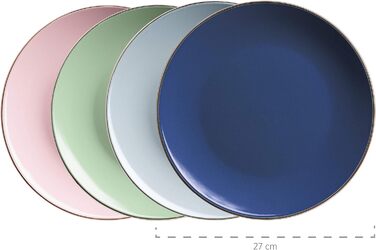 Металевий обідок, сучасний набір посуду для 4 осіб з латунним обідком, комбінований набір із 16 предметів із безобідковою формою купе, барвистий, керамограніт (пастельно-блакитний), 931871