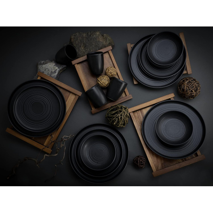 Серия Uno Набор посуды из 16 предметов, комбинированный сервиз из керамогранита (Black Lava Stone, комбинированный набор из 16 предметов), 22978