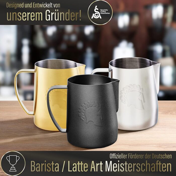Глечик для молока Barista Legends з нержавіючої сталі 350 мл зі спеціальним носиком для лате-арту - Глечик для спінювання молока з високим глянцевим покриттям - Глечик для молока Barista з нержавіючої сталі - Аксесуари Barista (Ares Black)