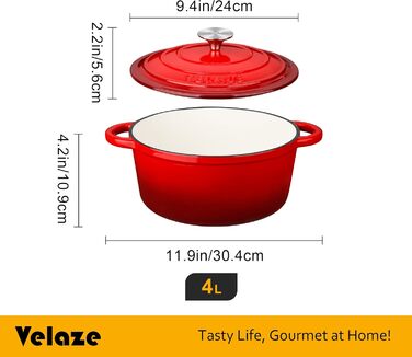 Чавунна сковорода Velaze 3,5 л, чавунна каструля 28 см, форма для запікання, чавунна каструля B, сковорода для запікання з кришкою та ручками, емальоване покриття, підходить для всіх типів плит та індукції (червона, 24 см/4 л)