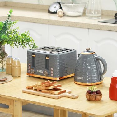 Набір для сніданку HOMCOM Kettle Toaster Set з чайником 1,7 л, тостером на 4 скибочки, 2200 Вт, 7 рівнів підсмажування, розморожуванням, розігріванням та піддоном для крихт, термостатом Otter, кремово-білим (сірим)