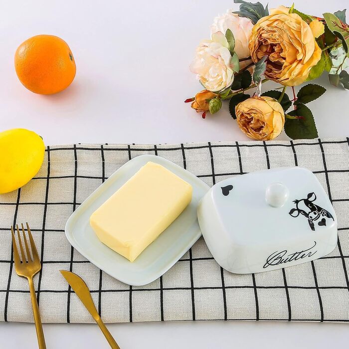 Маслянка з ручкою для 250 г вершкового масла, високоякісна кераміка, білий колір з квітковим та бджолиним візерунком, порцеляна, класична маслянка, маслянка, контейнер для масла, коробка для масла, можна мити в посудомийній машині (коров&39яча голова)