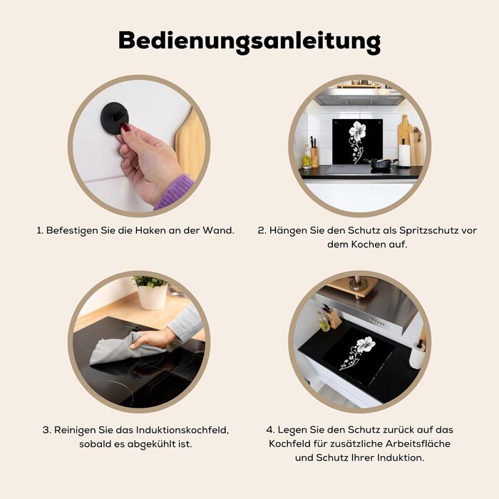 Фартух для плити, кухонний фартух, вініл, 78x52 см, декор для кухні, облицювання стіни, кришка для плити - сіро-чорна (квітка - чорна, 52Д x 60Ш см)