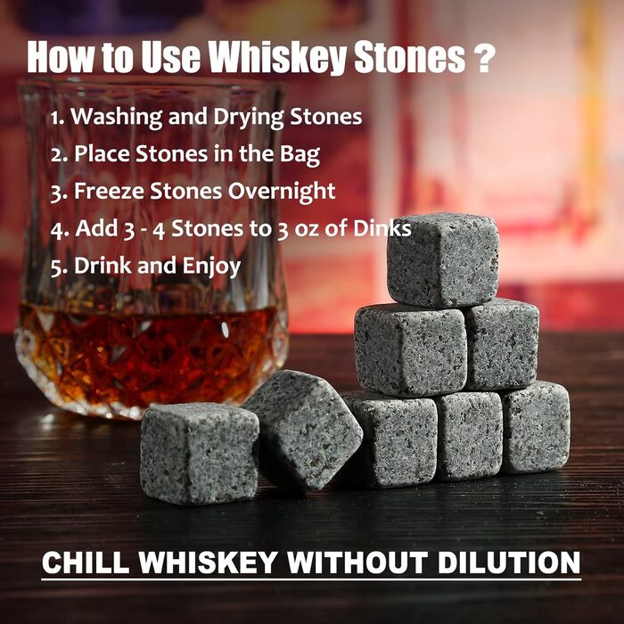 Подарунковий набір з 8 багаторазових охолодних каменів для віскі з затискачем для льоду, Whiskey Stones, exreizst