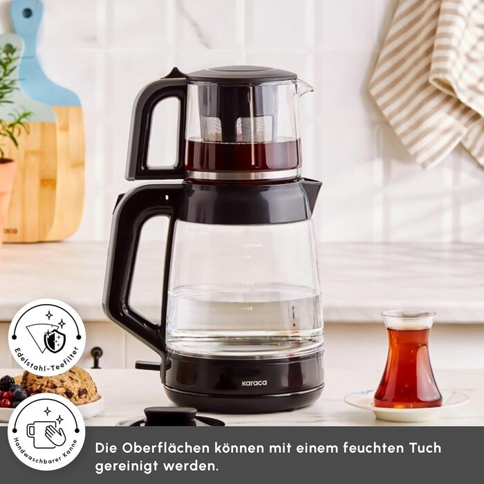 Чайник-чайник Karaca Glass Tea XL 2-в-1, колір сірий космос, скляний чайник обємом 0,9 л, скляний чайник обємом 2,2 л, основа, що обертається на 360, функція автоматичного підігріву, без BPA, потужність 1900 Вт (чорний)
