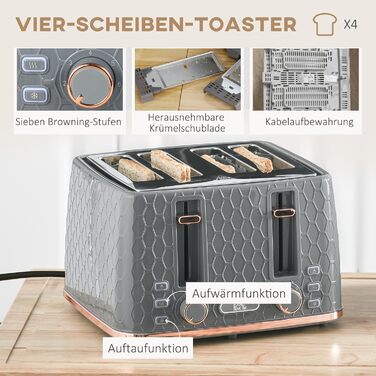 Набір тостерів HOMCOM Kettle об&39ємом 1,7 л з 4 скибочками тосту, набір для сніданку з 7 рівнями підрум&39янення, автоматичним вимкненням, функцією розморожування та розігріву та піддоном для крихт, (сірий)